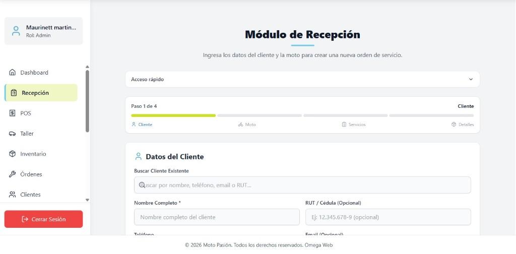 Pantalla de Recepción del sistema PROTALLER: Registra el ingreso de cada vehículo paso a paso.