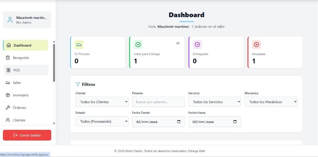 Pantalla de Dashboard del sistema PROTALLER: Métricas clave del taller en tiempo real.